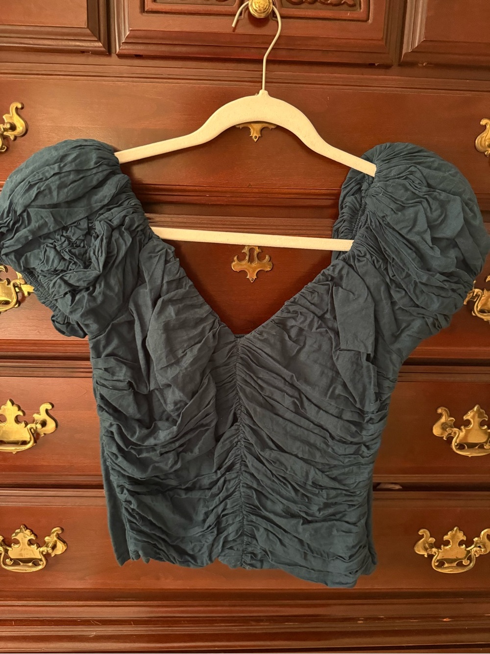 Abercrombie & Fitch Slate Blue Ruched Puff-Sleeve V-Neck Top